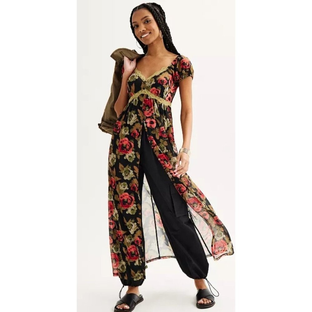 SO Juniors Floral Flyaway Sheer Boho Maxi Peasant‎ Dress S